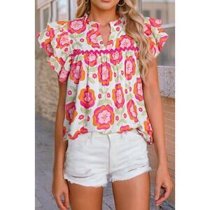 Floral Print Ric Rack Ruffle Sleeve Blouse-Medium